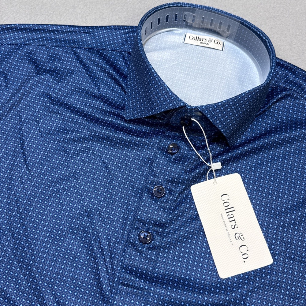 COLLARS & CO. Dress Collar Polo Mens M Semi Spread Blue Geometric Stretch NWT